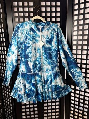 💙 Uniquebella Swim Tunic 3XL Blue White Ocean Wave Zip Long Sleeve 💙